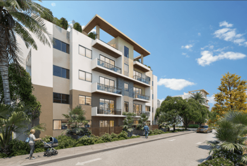 Edificio de apartamentos en construcción en Santo Domingo de Guzmán, desarrollado bajo un esquema de fideicomiso inmobiliario para proteger a los inversores.